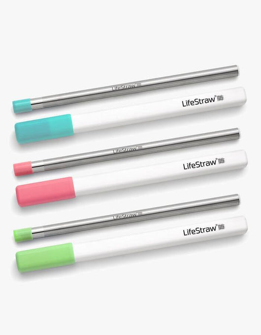 LifeStraw Sip 3-Pack stainless steel water filter straws with teal, pink and green mouthpieces and white cases