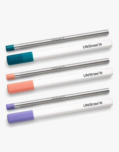 LifeStraw Sip 3-Pack in Multi Color, stainless steel water filter straws with teal, peach and purple mouthpieces