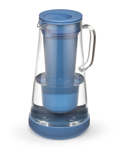 LifeStraw Home 7-Cup Glass water filter pitcher in Stormy Blue, angled view