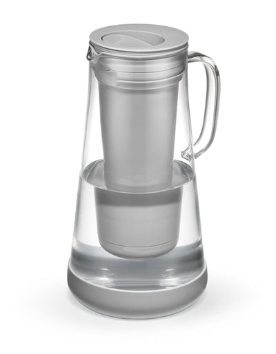 LifeStraw Home 7-Cup Glass water filter pitcher in Pebble, angled view
