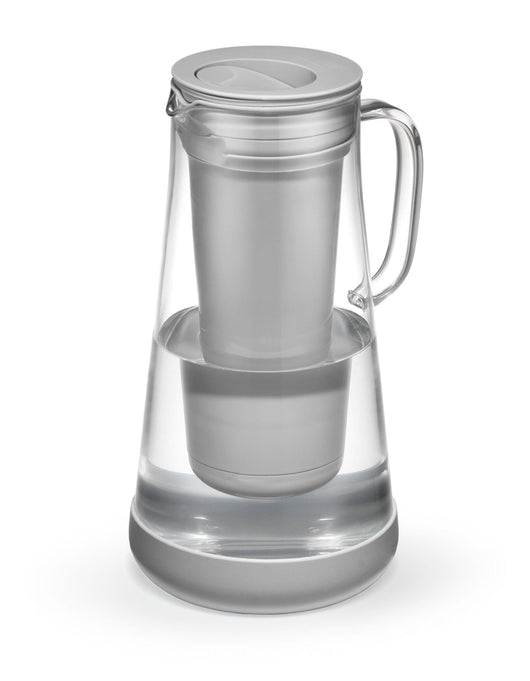 LifeStraw Home 7-Cup Glass water filter pitcher in Pebble, angled view