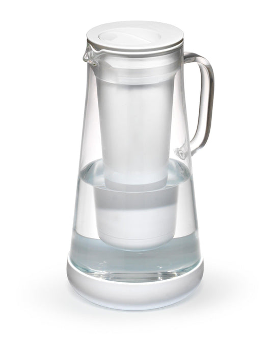 LifeStraw Home 7-Cup Glass water filter pitcher in White, angled view