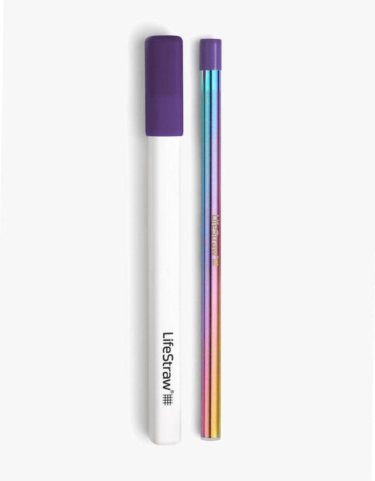 LifeStraw Sip water filter straw in Aurora, iridescent stainless steel beside its white carry case