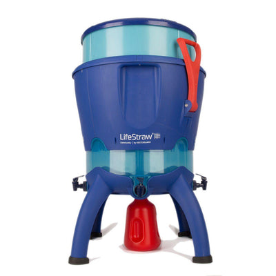 LifeStraw Community gravity water purifier with red backwash handle, studio shot on white