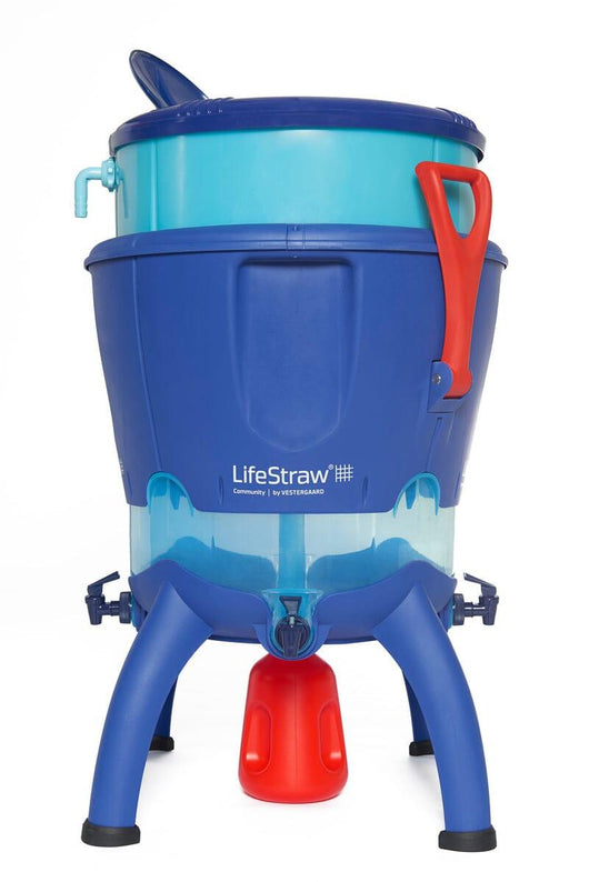 LifeStraw Community water purifier showing the raw water inlet fitting and red backwash bottle