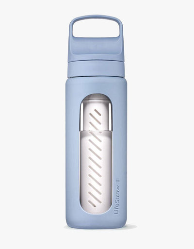 LifeStraw Go Series Glass 20 oz water filter bottle in Icelandic with carry-handle lid and visible filter window
