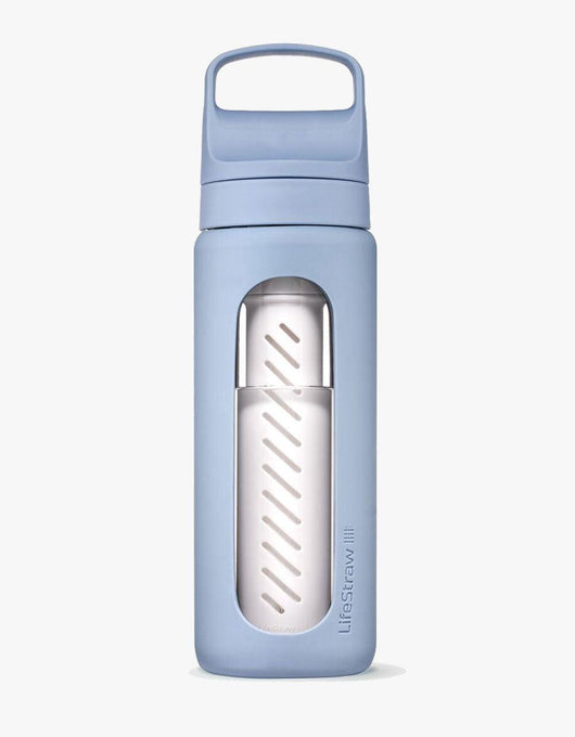 LifeStraw Go Series Glass 20 oz water filter bottle in Icelandic with carry-handle lid and visible filter window