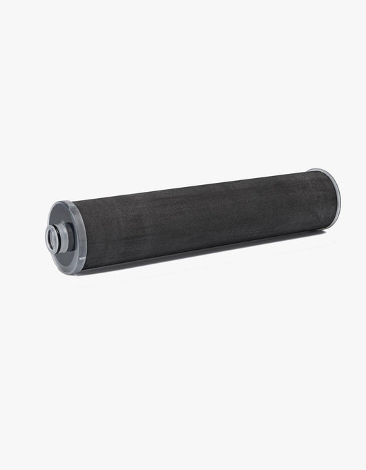 Black activated carbon replacement filter cartridge for the LifeStraw Max water purifier, shown on its side