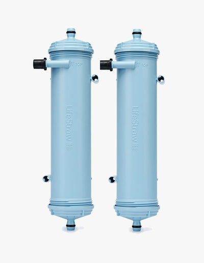 Two blue membrane ultrafilter cartridges from the LifeStraw Max Replacement Filters for the Max water purifier