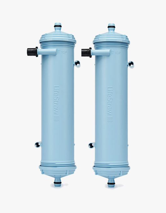 Two blue membrane ultrafilter cartridges from the LifeStraw Max Replacement Filters for the Max water purifier
