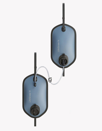 LifeStraw Peak Series gravity water filter system in Mountain Blue with connected 8L dirty and 8L clean water bags