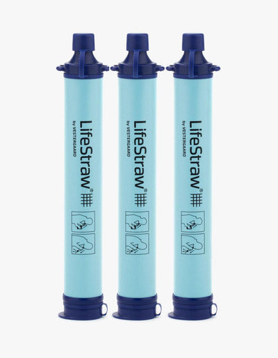 Three-pack of LifeStraw Personal Water Filter Straws in Blue, standing side by side