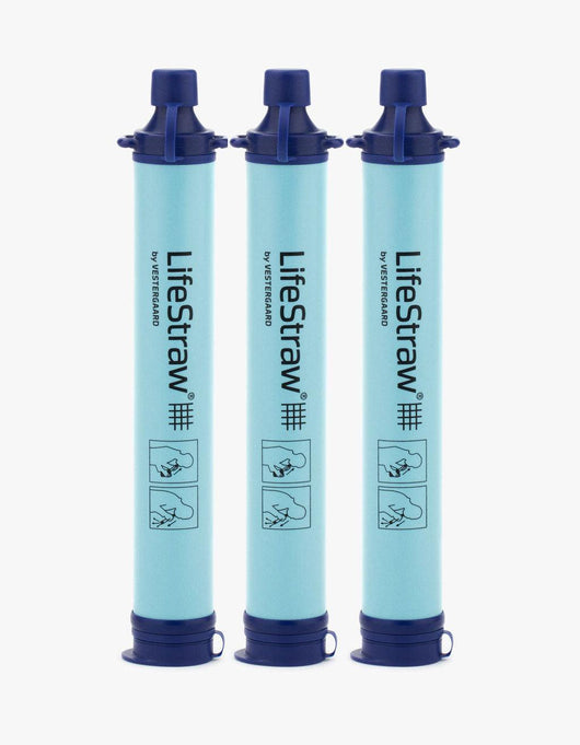 Three-pack of LifeStraw Personal Water Filter Straws in Blue, standing side by side