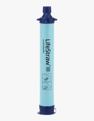 LifeStraw Personal Water Filter Straw in Blue, upright studio view with caps closed