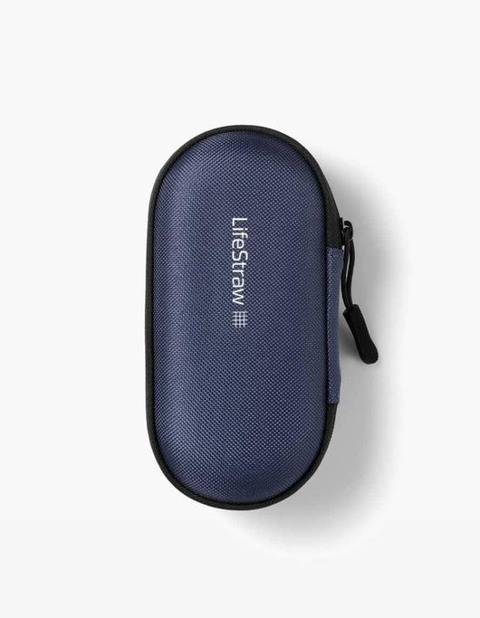 LifeStraw Peak Solo carry case in navy blue, zippered hard shell, top view