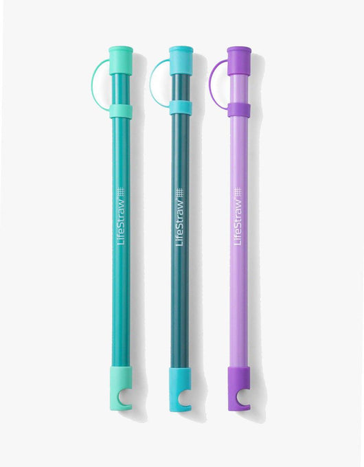 LifeStraw Sip Essential Multipack of three water filter straws in teal, dark teal and lilac with cap leashes