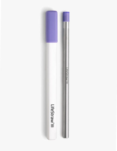 LifeStraw Sip water filter straw in Thistle Purple beside its white carry case