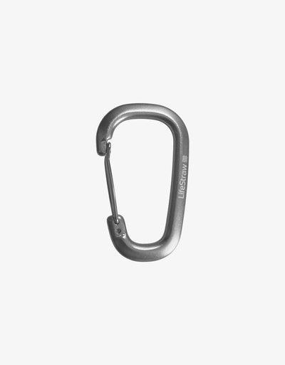 LifeStraw Carabiner in silver with wire gate and engraved logo, studio view