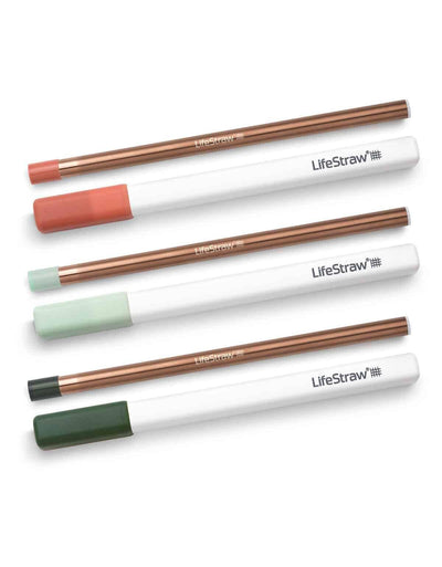 LifeStraw Sip 3-Pack in Copper, three water filter straws with coral, mint and forest green mouthpieces and white cases