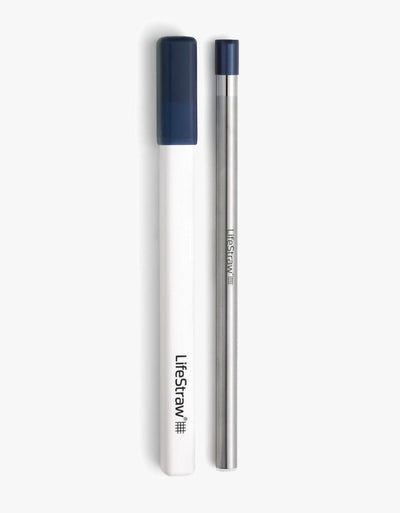 LifeStraw Sip water filter straw in Midnight Blue beside its white carry case