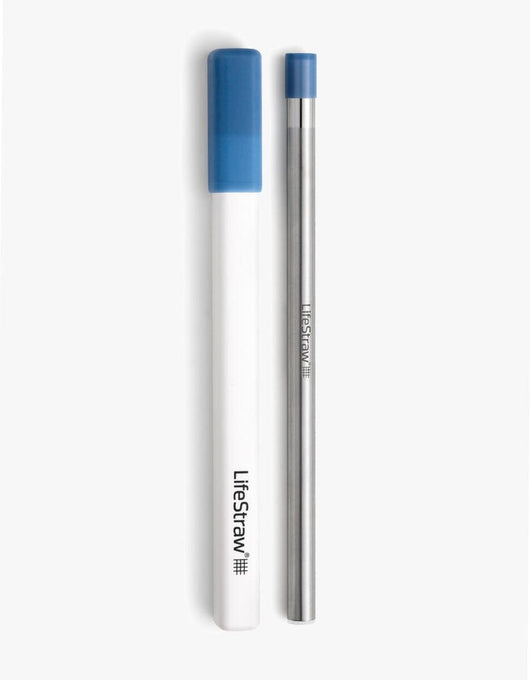 LifeStraw Sip water filter straw in Stormy Blue, stainless steel with white carry case